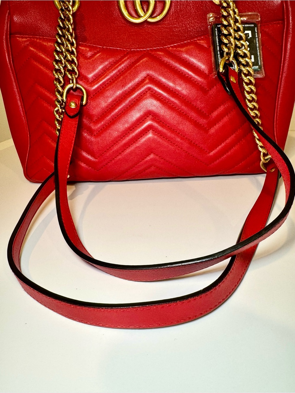 Gucci Red Calfskin Matelasse Medium GG Marmont Shoulder Bag W Gold Chain Strap - Picture 7 of 16